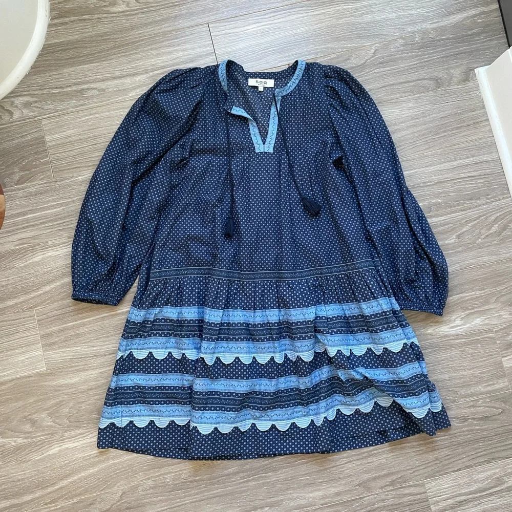 Sea New York Palmer Tunic Dress Sz S EUC Blue Long Sleeve 100% Cotton - Picture 2 of 15